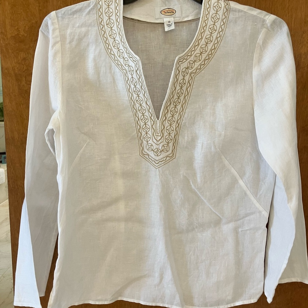 Talbots white linen tunic with gold trim. 10